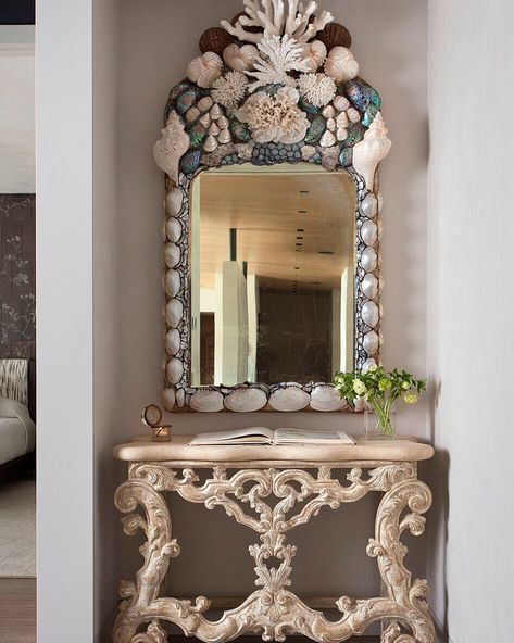 Corner Photography, Carved Console Table, Ocean Room Decor, Austin Interior Design, Seashell Mirror, Mermaid Room, Shell Mirror, Rocky River, Land And Sea