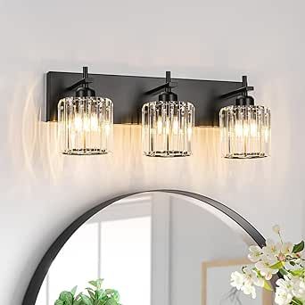 Vanity Lighting Over Mirror, Black Bathroom Light Fixtures, Black Bathroom Light, Crystal Bathroom, Bathroom Vanity Lights, Black And Gold Bathroom, Modern Vanity Lighting, Black Vanity Bathroom, Black Wall Lights