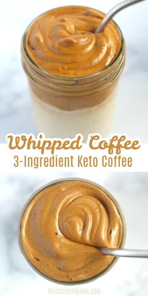 Creamy whipped coffee (also know as Dalgona Coffee) is a beverage made with instant coffee, sugar (or sweetener), and water. It's whipped into a creamy coffee and is served cold over chilled milk. Low Carb Cold Coffee Drinks, Keto Frappe Recipe, Creamy Coffee Recipe, Instant Coffee Whip, Coffee With Instant Coffee, Coffee Sweetener, Whipped Coffee Recipe, Cookies Cheesecake, Keto Beverages