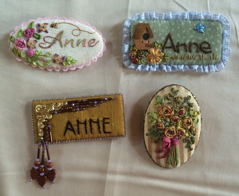 Anne Davies~ Ideas for stitching- Stitching Retreat July 2015 . . . Name tags or Brooch in Miniature Silk Ribbon Embroidery or Beads Hand Embroidered Name Tags, Name Tag Embroidery, Felt Name Tag, Embroidery Name Tag, Creative Name Tags, Nametag Ideas, Embroidery Patterns Beginner, Felt Wallet, Art Retreat