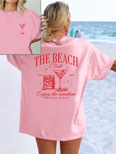 Loose Fit Cocktail Beach Oversized T-Shirt Pink Casual  Short Sleeve Fabric Figure,Geometric,Letter  Slight Stretch  Women Clothing, size features are:Bust: ,Length: ,Sleeve Length: Cocktail Tshirt, Cocktail Rose, Cocktail Beach, Rose Bonbon, Drinking Shirts, Women T Shirts, Graphic Tees Women, Making Money, Oversized Tshirt