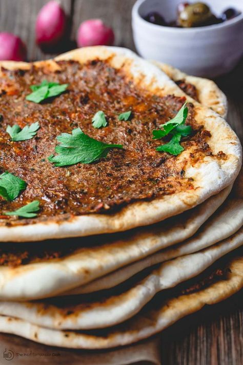 Easy Turkish Lahmacun Recipe | The Mediterranean Dish | Bloglovin’ Lahmacun Recipe, Turkish Flat Bread, Turkish Flatbread, Turkish Pizza, The Mediterranean Dish, Cooking Pizza, Eastern Cuisine, Mediterranean Dishes, Middle Eastern Recipes