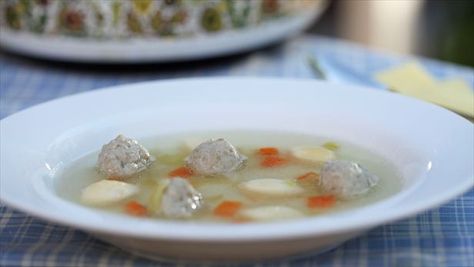 Grethe's dumpling soup has three kinds of meat: chicken, veal, and pork. Danish Dishes, Meatball Soup Recipes, Chicken Meatball, Soups Recipes, Chicken Dumplings, Dumplings For Soup, Meatball Soup, Danish Food, Cooking Channel