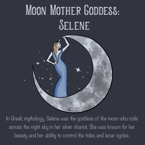 🌙The symbolism of Selene as the moon mother has been celebrated in many ancient cultures. In some traditions, the moon is seen as a feminine symbol, representing intuition, emotions, and creativity. Selene was the daughter of the Titans Hyperion and Theia, and sister to Helios, the sun god, and Eos, the goddess of the dawn. As the goddess of the moon, Selene was often depicted as a beautiful woman with a crescent moon crown, or as a charioteer riding a silver chariot pulled by winged horses... Lady Selene, Theia Goddess, Selene Moon Goddess, Selene Goddess Of The Moon, Silver Chariot, Selene Goddess, Moon Goddesses, Moon Crown, Feminine Symbols