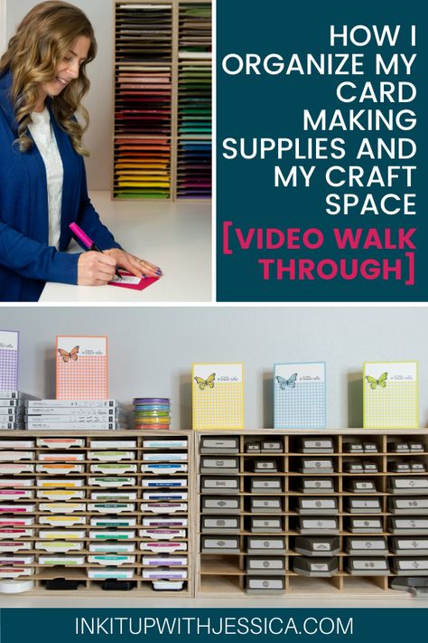 Could your craft space use some organization? In this video walkthrough I show you exactly how I organize my craft making supplies and my craft space. Check it out! #organize #craftroom #cardmaking Scrapbook Supplies Organization, Ribbon Embellishments, Craft Organisation, Craft Paper Storage, Card Making Tools, Craft Storage Organization, Organize Craft Supplies, Card Making Ideas, Craft Space