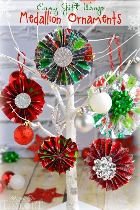 These easy Gift Wrap Medallion Ornaments are so easy to make and add a festive flair to your tree and Christmas gifts! A fun craft for kids of all ages!  MomOnTimeout.com | #craft #Christmas #MakeAmazing #spon Mom On Timeout, Wrapping Paper Crafts, Paper Christmas Decorations, Craft Christmas, Simple Gift Wrapping, Crafts For Seniors, Diy Gifts For Kids, Christmas Crafts For Gifts, Easy Christmas Crafts