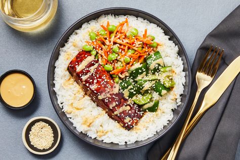 Share me on Pinterest Fancy Dinner Ideas, Meal Kit Recipes, Edamame Salad, Salmon Rice Bowl, Salmon Rice, Mini Cucumbers, Date Night Dinner, Hello Fresh Recipes, Rice Bowls Recipes