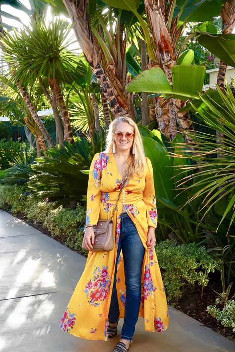 How to Style: Free People Yellow Floral Duster - Have Need Want Duster Pattern, Floral Duster, Kimono Duster, Catalina Island, Floral Kimono, Waist Jeans, Lace Bodysuit, White Tank Top, White Tank