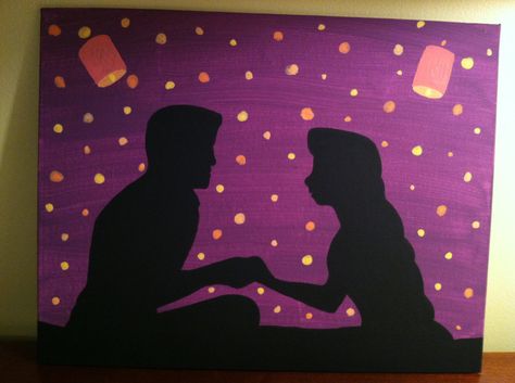 Rapunzel Silhouette, Rapunzel And Flynn Rider, Disney Canvas Paintings, Tangled Painting, Traditional Tattoo Designs, Disney Canvas Art, Rapunzel And Flynn, Disney Canvas, Disney Paintings