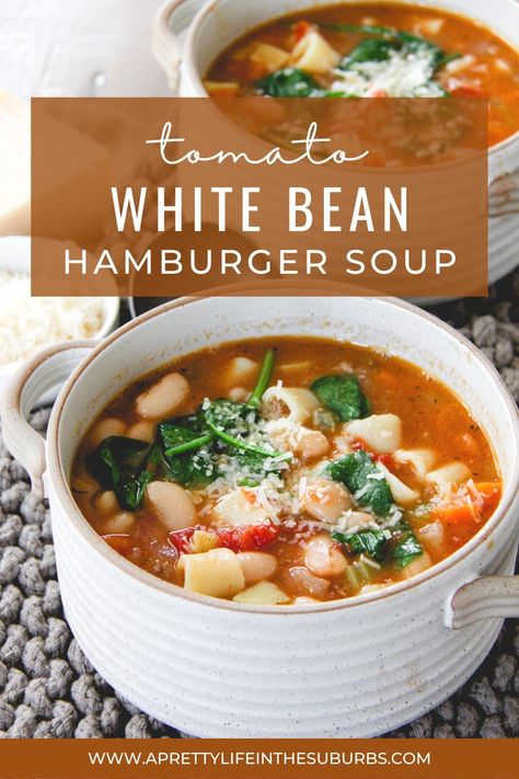 Hamburger Macaroni, Hamburger Vegetable Soup, Soup With Ground Beef, Hamburger Soup, Pretty Life, Pasta Soup, Bean Burger, White Bean Soup, White Bean