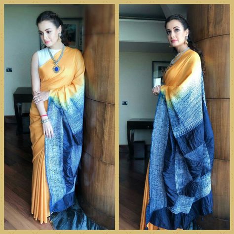 Dia mirza - Beat plastic Indigo and mustard yellow shaded saree Diya Mirza In Saree, Dia Mirza Saree, Anjali Saree, Official Saree, Bandhani Suit, Diya Mirza, Shaded Saree, Sheesh Mahal, Silk Kurtis