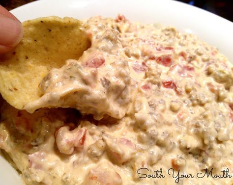 This recipe has been around for a while. There are lots of different versions of and names for it. The... Gameday Dips, Rotel Dip With Sausage, Dip Crockpot, Potluck Food, South Your Mouth, Recipe Appetizers, Dip Dip, Sausage Dip, Awesome Appetizers