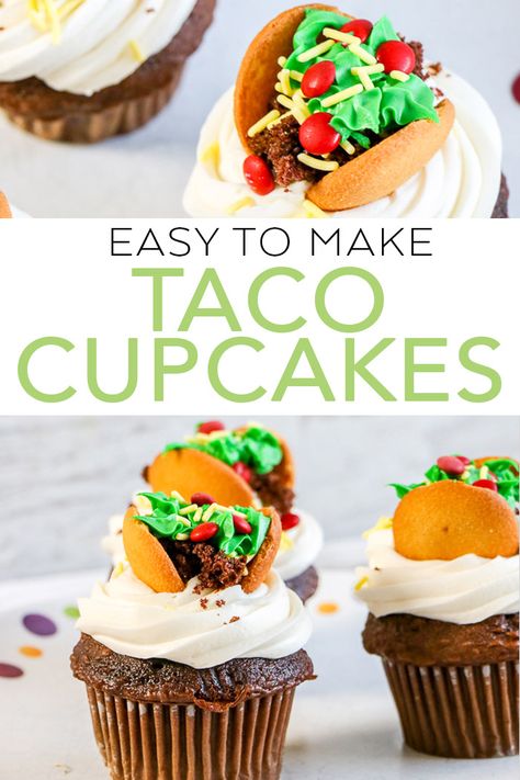 These easy to make taco cupcakes will be the highlight of any party! You can of course use them to celebrate taco Tuesday as well! #tacos #cupcakes #dessert Lime Buttercream, Taco Cupcakes, Mini Taco, Taco Twosday, Lime Cupcakes, Mini Tacos, Diy Cupcake, Taco Party, Diy Cupcakes