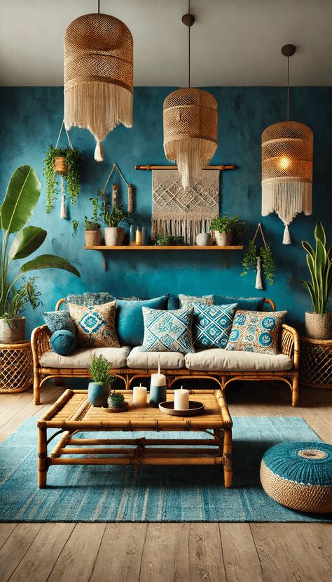 Turquoise Interior Design Living Room, Teal Gold Grey Living Room, Turquoise Lounge Ideas, Turquoise Boho Living Room, Boho Beach House Living Room, Blue Living Room Boho, Colorful Boho Home Decor, Petrol Blue Living Room, Blue And Wood Living Room