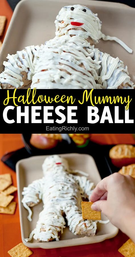 Halloween Cheese Ball, Mummy Recipes, Muffins Halloween, Halloween Charcuterie, Halloween Cheese, Halloween Dip, Halloween Potluck, Cute Mummy, Halloween Appetizers Easy