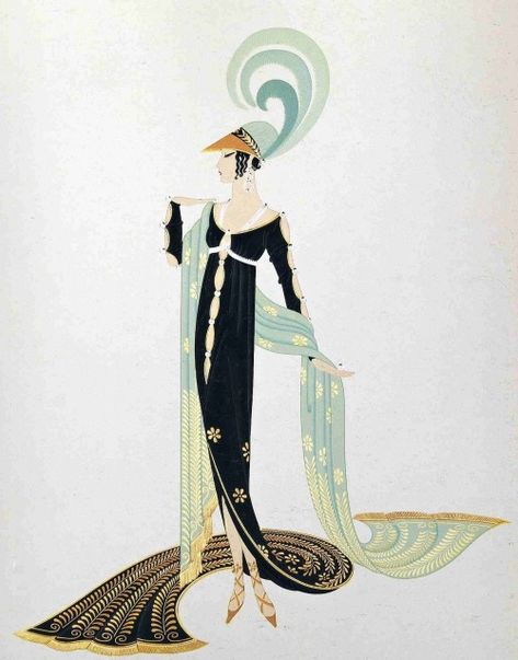 Erté Tirtoff was born Roman Petrovich Tyrtov in Saint Petersburg. He moved to Paris where between 1915–1937, He designed over 200 covers for Harper's Bazaar, and his illustrations would also appear in such publications as Illustrated London News, Cosmopolitan, Ladies' Home Journal, and Vogue. His elegant fashion designs capture the art deco period in which he worked. Erte Illustration, Art Deco Fashion Illustration, Erte Art Deco, Erte Art, Art Deco Illustrations, Art Deco Artists, Art Deco Illustration, Art Deco Lady, Deco Poster