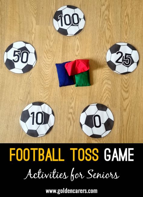 Football Toss Game: This is a fun game where residents take turns tossing beanbags at laminated football targets. Sports Theme Birthday Party Games, Football Themed Games, Sports Day Games For Toddlers, Boys Sports Birthday Party Games, Toddler Football Party Games, Boys Football Birthday Party Games, Ball Games For Kids, Football Games For Kids, Olympic Medal Craft