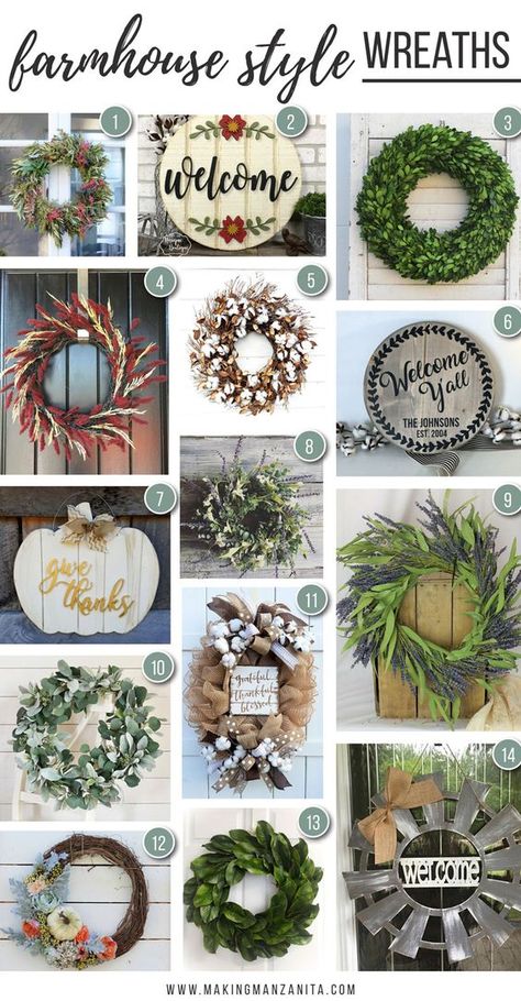 14 Farmhouse Style Wreaths You Need For Your Front Door Country Wreaths Farmhouse, Outdoor Wreaths On House, Southern Wreaths, Farmhouse Wreath Diy, Farmhouse Wreath Decor, Diy Farmhouse Decoration, Farmhouse Wreaths, Rustic Front Door, Farmhouse Style Wreath