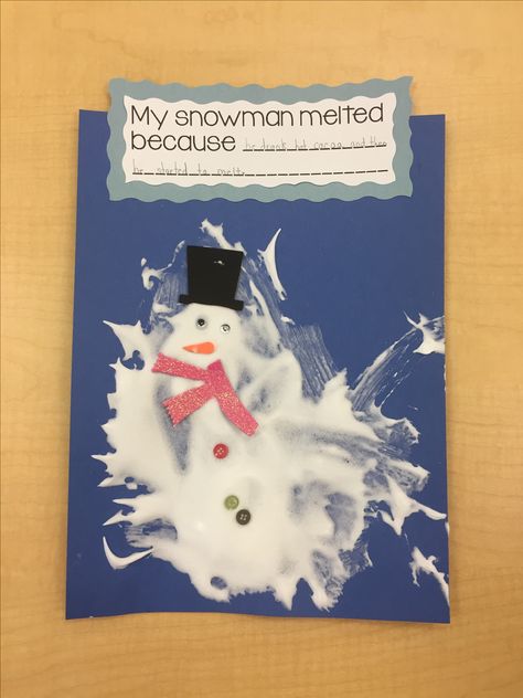 My snowman melted because....  Made with shaving cream and white glue mixture. My Snowman Melted Because, Melted Snowman Craft, January Preschool, Craft Kindergarten, Class Christmas Gifts, Winter Crafts For Toddlers, Winter Crafts Preschool, Christmas Classroom Door, Winter Activities Preschool