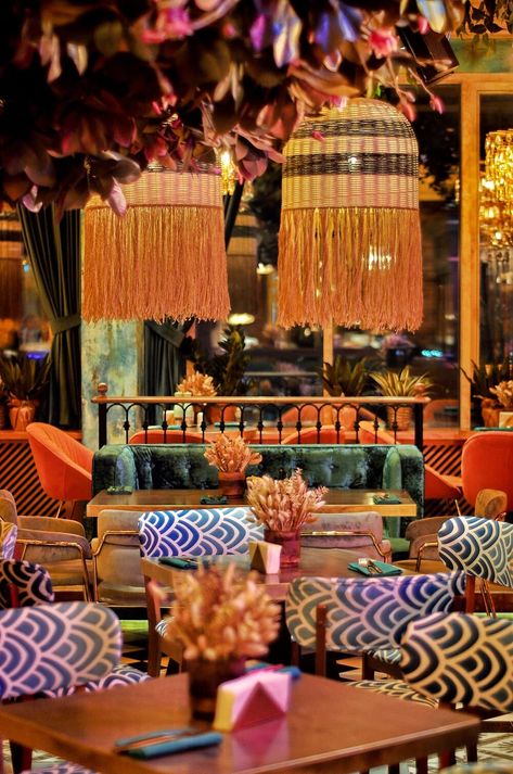 Desi Restaurant Interior, Vibrant Restaurant Interior Design, Modern Indian Restaurant Design, Cuba Design, Indian Theme Restaurant, Asian Fusion Restaurant Design, Luxury Indian Restaurant Interior, Indian Cafe, Peruvian Restaurant