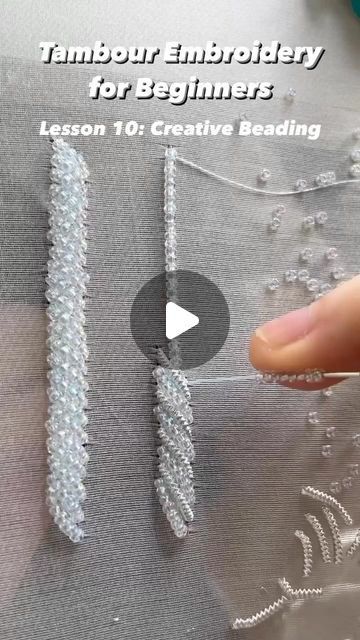 Embroidery Patterns With Beads, Couture Embroidery Designs, How To Do Beaded Embroidery, Bead Work Tutorial, Tambour Beading Pattern, Beadwork Embroidery Tutorial, Hand Beading Embroidery Tutorial, Beading On Clothes, How To Bead A Dress