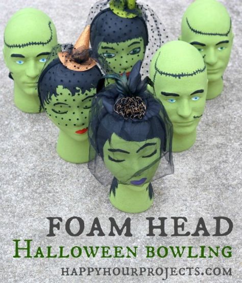 Foam Head Frankenstein Bowling  Looking for a spooky activity for your Halloween party? This Frankenstein-themed foam head bowling game is fun for kids and adults Halloween Office Party, Halloween Office, Foam Head, Halloween Games For Kids, Adornos Halloween, Adult Halloween Party, Kids Game, Halloween Party Games, Theme Halloween