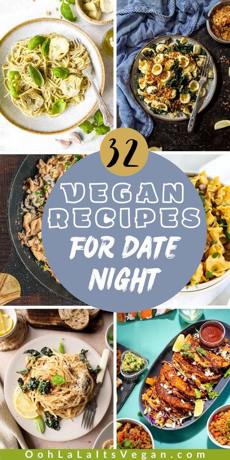 a collage of vegan recipes for date night Pasta Recipes Asian, Date Night Pasta Recipes, Date Night Pasta, Recipes For Date Night, Vegan Dinner Ideas, Jackfruit Pulled Pork, Vegan Bolognese, Night Recipes, Date Night Recipes