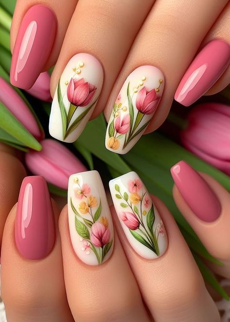 Nail Tulip Design, Nail Art Floral Designs, Tulips Nails Design, Tulip Nail Art, Tulip Nails, Fresh Vibes, Pink Nail Art Designs, Simple Spring Nails, Fall Manicure