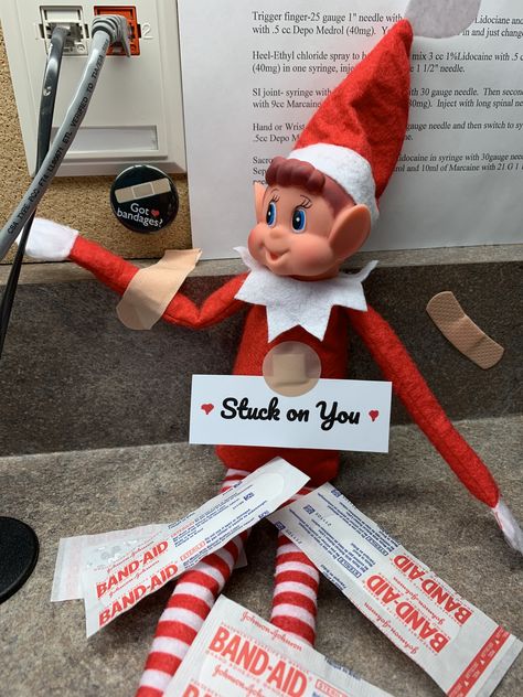 Elf On The Shelf Medical Office, Elf On The Shelf Ideas Dental Office, Elf On The Shelf Hospital Ideas Funny, Nurse Station Christmas Decor, Nurse Elf On The Shelf, Elf On The Shelf Nurse Ideas, Elf On The Shelf Healthcare, Medical Office Elf On The Shelf Idea, Nursing Elf On The Shelf Ideas