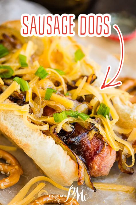 SAUSAGE DOGS Easy and Delicious 15 Minute Meal by Call Me PMc. Sausage dogs are grilled and layered with sauce and cheese for an easy and delicious meal! Sausage Grillers Recipes, Smoked Sausage Dogs, Sausage Dogs Recipes, Sausage Dog Recipes, Bedder Cheddar Sausage Recipes, Italian Sausage Hot Dog, Meals With Hot Dog Buns, Hot Sausage Link Recipes, Chicken Apple Sausage Hot Dog