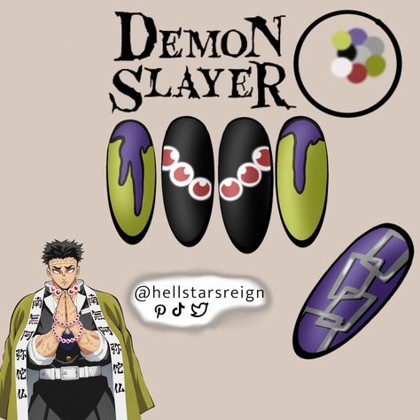 Demon Slayer Nail Designs, Uñas Demon Slayer, Demon Slayer Nail Art, Mha Nails, Demon Slayer Nails, Lightning Nails, Anime Nail, Disney Acrylic Nails, Gyomei Himejima