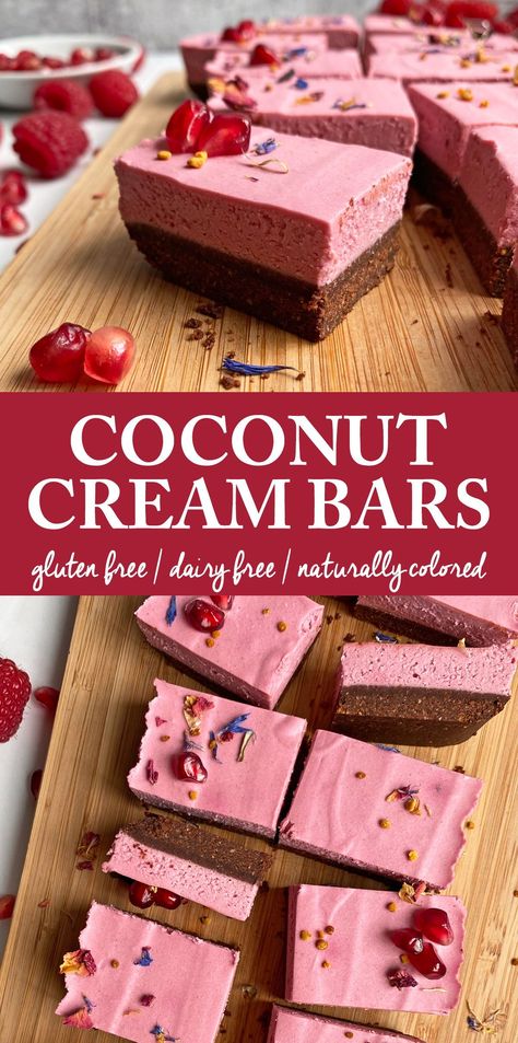 These coconut cream bars have a dark chocolate cookie crust that's topped with coconut cream. This recipe is vegan, paleo, gluten free, no bake and naturally colored with beet powder. The perfect Valentine's Day dessert! #valentinesdesserts #coconutcream Healthy Valentine Desserts, Coconut Cream Bars, Coconut Cream Filling, Gluten Free Valentines, Beet Powder, Chocolate Cookie Crust, Valentines Recipes Desserts, Grain Free Desserts, Healthy Vegan Desserts