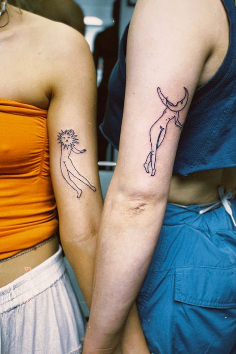 Sun And Moon Dancing Tattoo, Tattoos Of Pictures People Outline, Matching Hippie Tattoos, Sun And Moon Friend Tattoo, Matching Sun And Moon Tattoo, Morgan Tattoo, 3 Sister Tattoos, Aaa Tattoo, People Tattoos