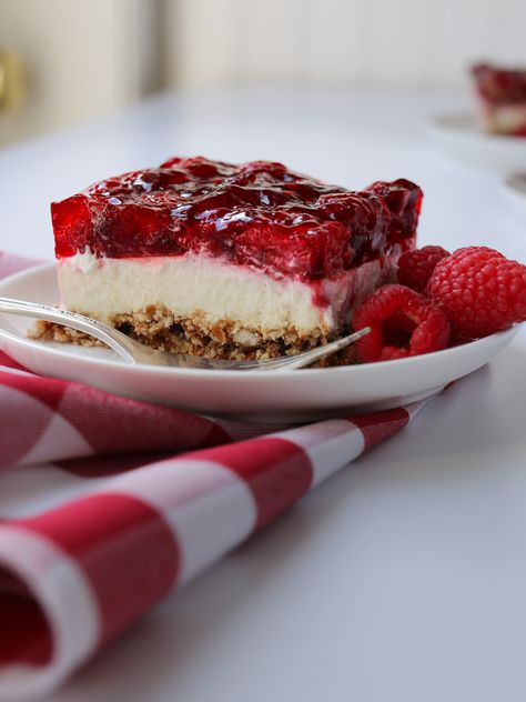 Raspberry Pretzel Dessert Recipe (No Cool Whip) - Good Cheap Eats Raspberry Pretzel Dessert, Raspberry Pretzel Jello, Mels Kitchen Cafe, Strawberry Pretzel Jello, Mels Kitchen, Pretzel Jello, Jello Pretzel Salad, Raspberry Jello, Pretzel Dessert