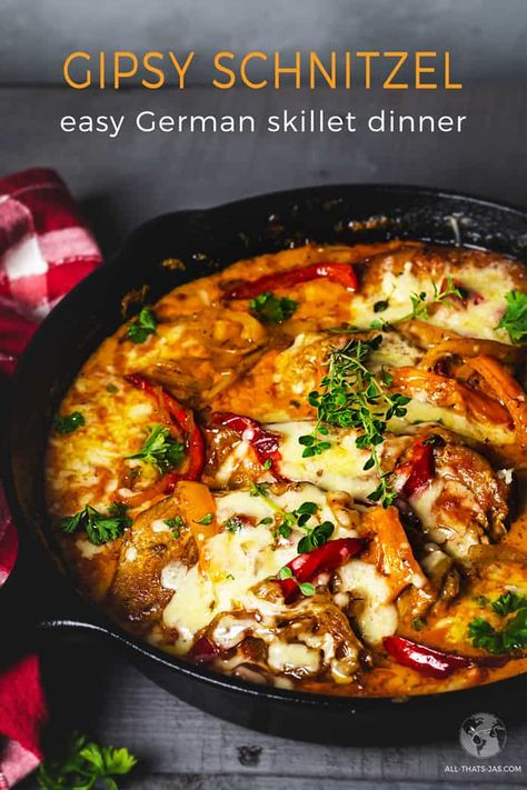 Flavorful Gypsy schnitzel with onions, garlic, peppers, and herbs in a tomato and cream based delicious sauce your whole family will go crazy for. | allthatsjas.com | #dinner #schnitzel #glutenfree #pork #skillet #onepan #easy #allthatsjas #comfortfood #worldcuisine #german #gypsyschnitzel #zigeunerschnitzel #paprikaschnitzel #balkanschnitzel #recipes #familymeal Dinner Pork, German Food Authentic, Schnitzel Recipes, Pork Schnitzel, Skillet Dinners, Pork Cutlets, Chicken Cutlets, European Food, Pork Dishes