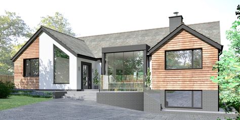 A bungalow extension in Staffordshire with white render, black zink cladding and timber boarding. Bungalow Extension, Rendered Houses, Dormer Bungalow, Bungalow Extensions, House In The Country, Modern Bungalow Exterior, Exterior House Remodel, Self Build Houses, House Cladding