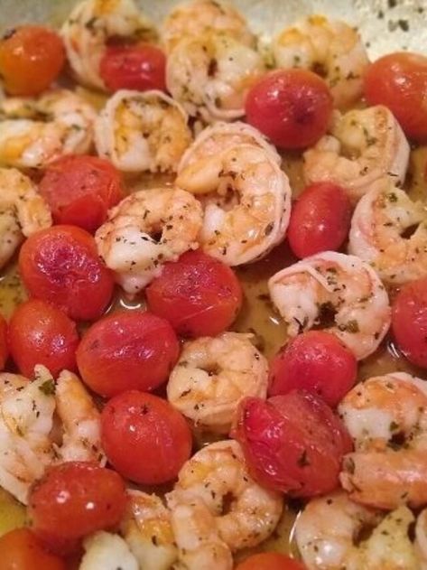 Shrimp With Tomatoes And Herbs | Invent Your Recipe Shrimp With Tomatoes, Shrimp Tomato, Mushroom And Onions, Lemon Herb, Onion Recipes, Skillet Meals, Grape Tomatoes, Recipe Details, Virgin Olive Oil