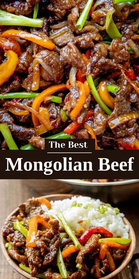 Mongolian Beef is a combination of juicy beef steak, seared peppers, onions, and green scallions all brought together with a sweet & savory Mongolian beef sauce. Serve it over steamed rice for a meal that your whole family will enjoy. Who needs takeout when you can make it yourself in 30 minutes or less? Mongolian Beef And Spring Onions, Beef Vegetable Recipes, Asian Beef Dishes, Viral Recipes Tiktok, Minute Steak Recipes Easy, Asian Steak Recipes, Steak Dinner Ideas Healthy, Asian Beef And Rice, Stir Fry Recipes Beef