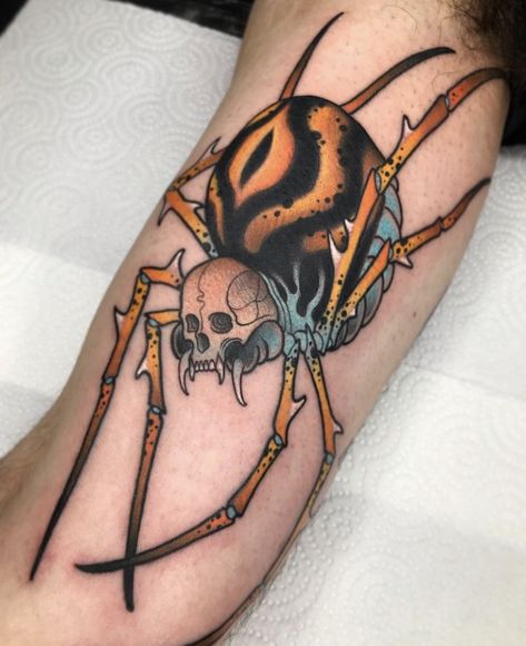 Neotrad Spider Tattoo, Neotraditional Spider Tattoo, Japanese Spider Tattoo, Tattoo Texture, Japanese Tiger Tattoo, Colored Tattoo Design, Spider Skull, Japanese Tiger, Bug Tattoo