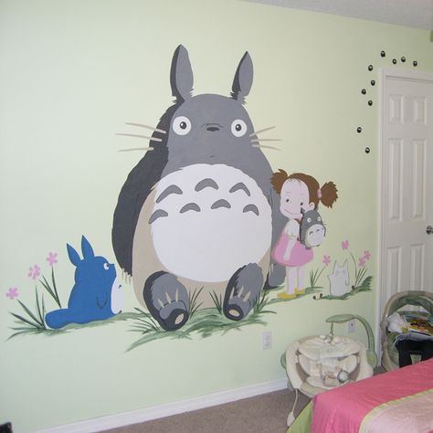 Loved painting Totoro. I made it the girl's room with pink and green. Such a pure hearted story. Wall Painting Nursery, Totoro Nursery, Painting Nursery, Bedroom Murals, Geek Decor, Anime Room, Ghibli Art, Project Nursery, My Neighbor Totoro