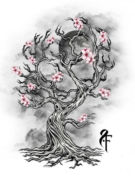 Bonsai Tattoo, Tree Tattoo Black, Cherry Tree Tattoos, Cherry Blossom Tree Tattoo, Skull Tattoo Flowers, Hand Tattoo Designs, Blossom Tree Tattoo, Crooked Tree, Cool Wrist Tattoos