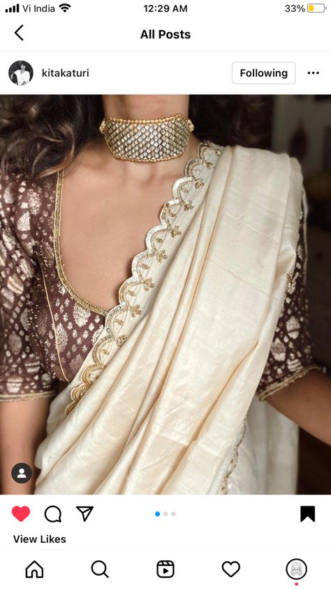 Beige Saree Outfit, Beige Wedding Saree, Beige Blouse Designs, Cream Saree Combination, Grad Saree, Cream Colour Saree, Simple Saree Blouse Designs, Farewell Saree, Simple Blouses