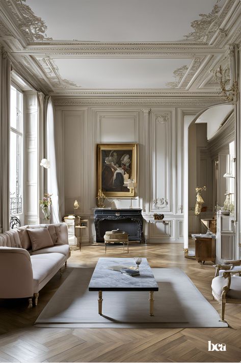 Transform your apartment living room decor with the timeless elegance of a Parisian neoclassical interior. Discover luxurious decor inspiration with furnishings, intricate moldings, and harmonious color schemes that create a sophisticated, refined atmosphere. Perfect for those seeking an apartment decor with a blend of classic beauty and modern comfort, this style elevates any home with a touch of French grandeur. Save this pin for your next interior design inspiration and more living room designs and ideas! Neoclassicism Interior Design, Parisian Modern Interior, Victorian Interior Design Living Room, Parisian Molding, Parisian Modern Apartment, Parisian Modern Living Room, Living Room Decor Parisian, Modern Parisian Interior Design, Neoclassical Interior Design Luxury