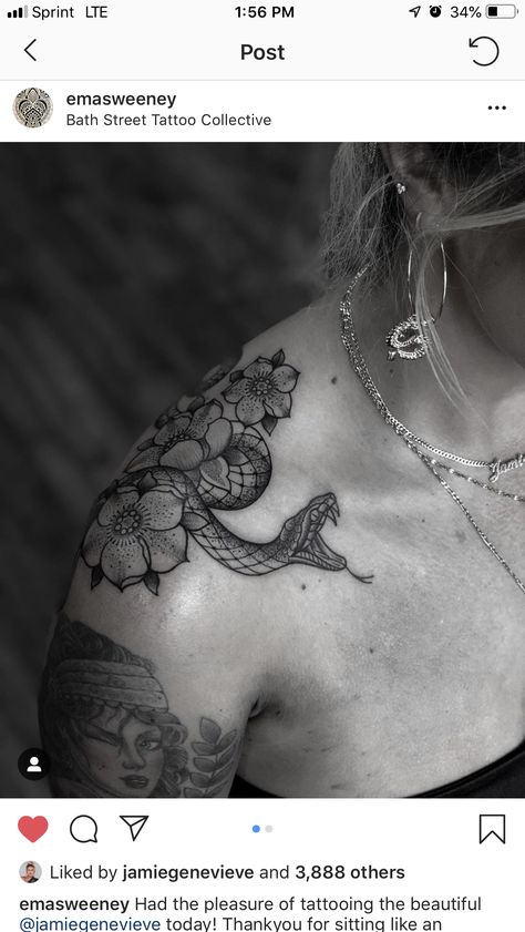 Jamie Genevieve’s snake tattoo by Emma Sweeney S Snake Tattoo, Jamie Genevieve, Traditional Snake Tattoo, Tattoo Shoulder, Traditional Tattoo Sleeve, Tattoo Instagram, Flower Tattoo Shoulder, Thigh Tattoos, Tattoos Women