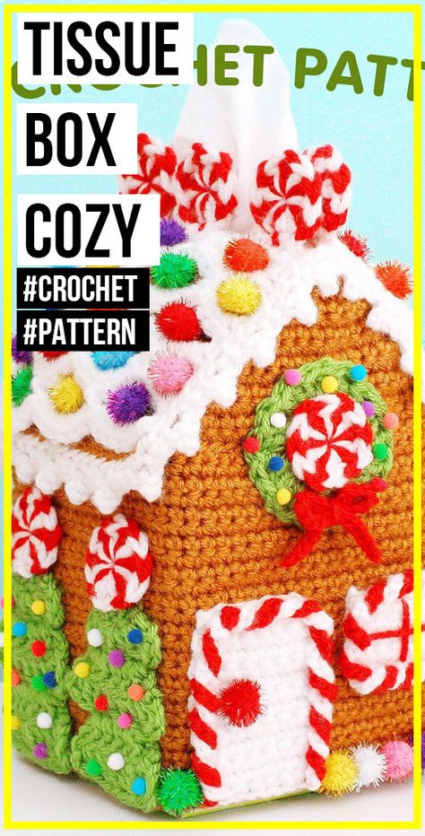 crochet Gingerbread House Tissue Box Cozy pattern - easy crochet house pattern for beginners Crochet Gingerbread House, Crochet Gingerbread, Gingerbread House Patterns, Amigurumi For Beginners, Cozy Crochet Patterns, Crochet Christmas Decorations, Crochet Gratis, Crochet Simple, Holiday Crochet