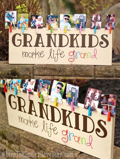 Colorful Grandkids Make Life Grand Wood Sign Photo Display | Where The Smiles Have Been Navidad Diy, Cadeau Diy, Mors Dag, Gifts For Grandparents, Grandparents Day, Grandparent Gifts, Mothers Day Crafts, Iftar, Homemade Christmas