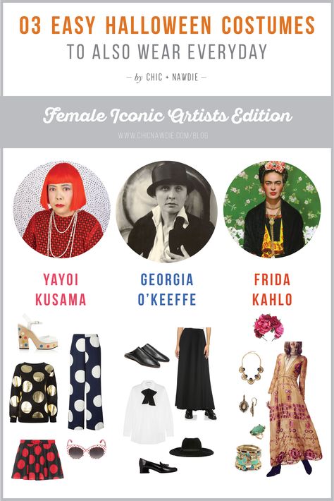 3 Easy Halloween Costumes to Also Wear EVERYDAY! Iconic Female Artists Edition: Yayoi Kusama, Georgie O'Keeffe and Frida Kahlo #halloween #costumes #ideas #StudioGhibli #Mei #Satsuki #Kiki #Totoro Yayoi Kusama Halloween Costume, Famous Artists Costumes, Picasso Halloween Costume, Yayoi Kusama Costume, Frida Kahlo Halloween Costumes, Art Costume Ideas, Frida Kahlo Halloween, Artist Costume, Make Your Own Costume