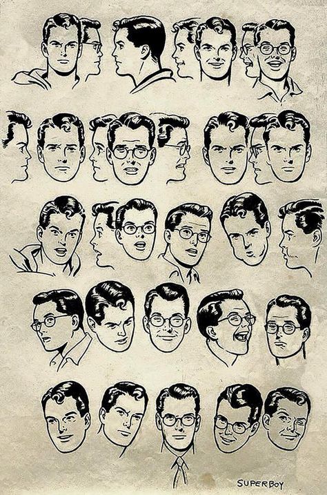 Superboy model sheet by Curt Swan Retro Man Illustration, Vintage Drawings, Military Illustration, Model Training, Character Turnaround, Comic Face, Swans Art, Superman Family, Cartoon Style Drawing