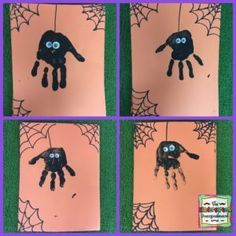 Handprint spiders! Strašidelný Halloween, Halloweenpyssel Barn, Høstaktiviteter For Barn, Halloween Handprint, Hand Print Art, Halloween Arts, Halloween Infantil, Halloween Crafts Preschool, Spider Crafts