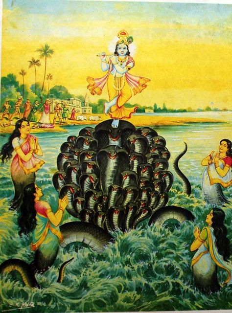 Krishna dancing on the hoods of a giant serpent, Kaliya, showing his complete submission. Meanwhile, Kaliya's wives pray to Krishna for mercy on their husband Krishna Dancing On Kaliya, Giant Serpent, Krishna Dancing, Goddess Pictures, Srimad Bhagavatam, God Pics, Krishna Consciousness, Krishna Avatar, Consciousness Art